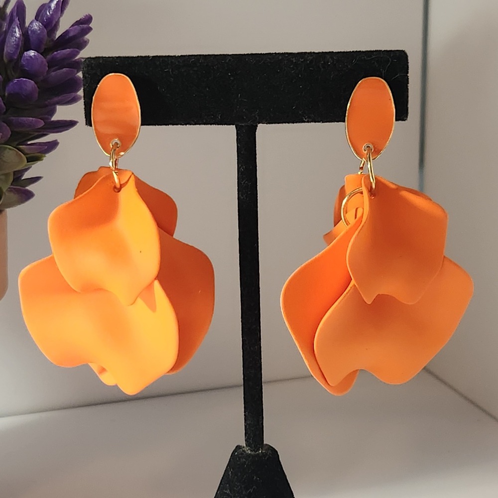 Orange Floral Petal Drop Clip On Earrings Matte Layered Botanical Statement